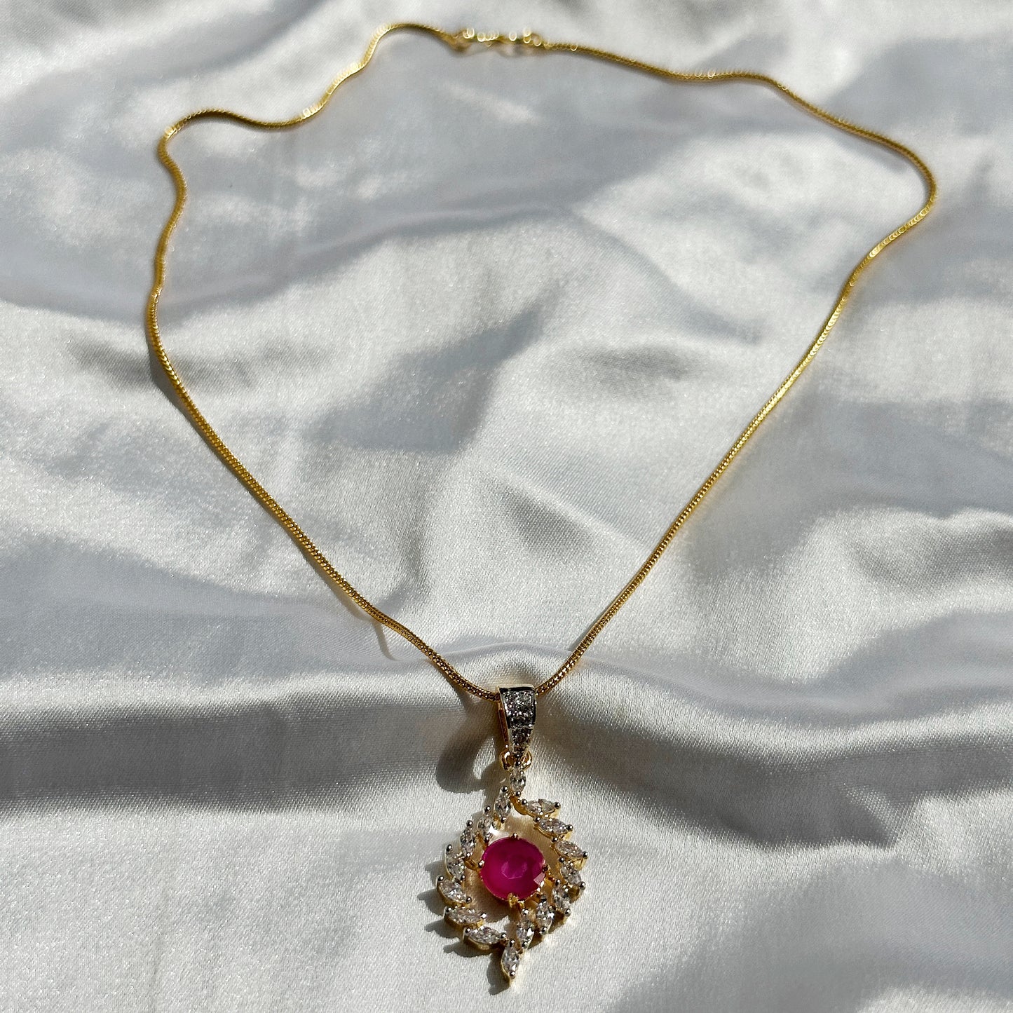 Red Ruby Cubic Zircon American Diamond Gold Plated Pendant Set