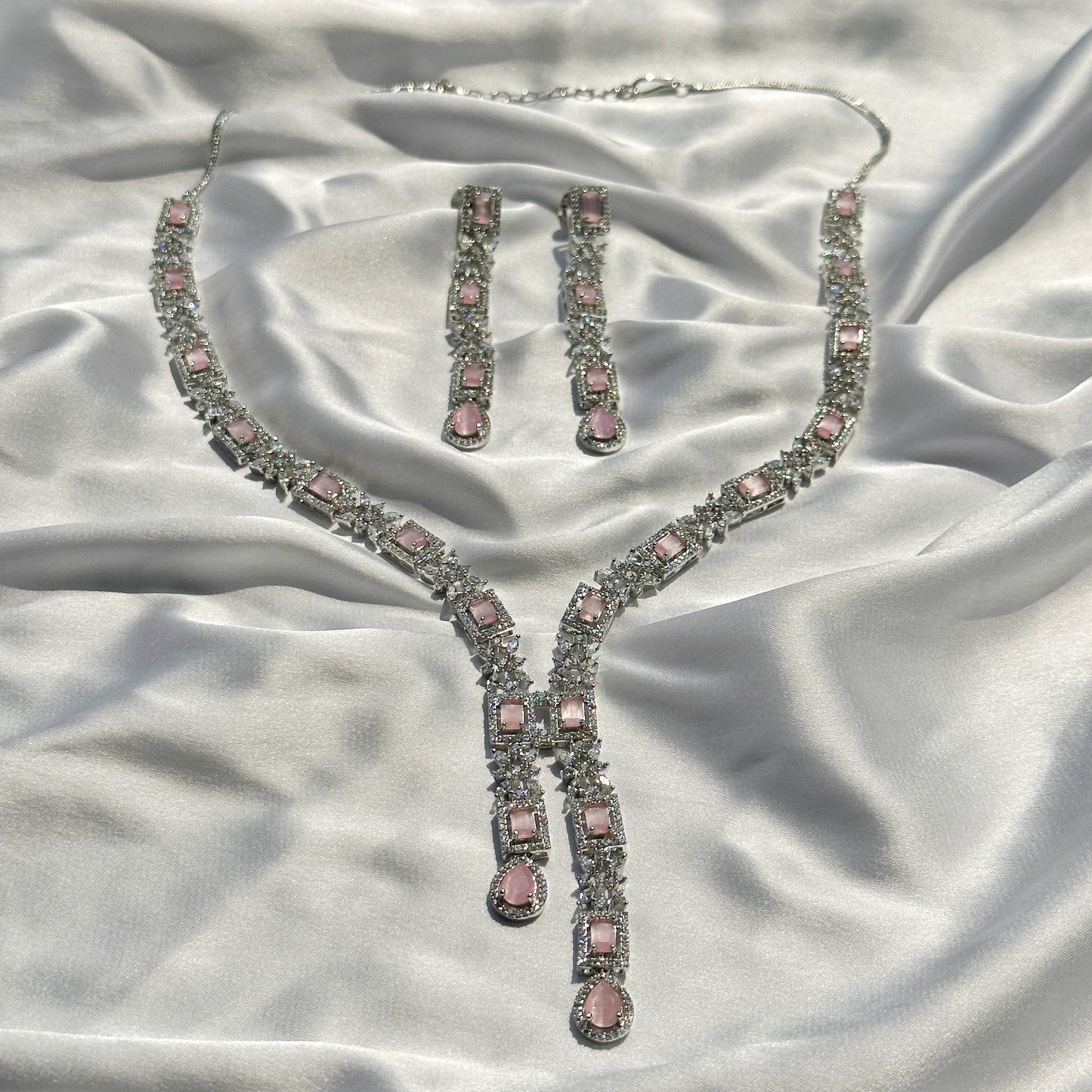 Pink Topaz Cubic Zircon Stones American Diamond Silver Plated Necklace Set