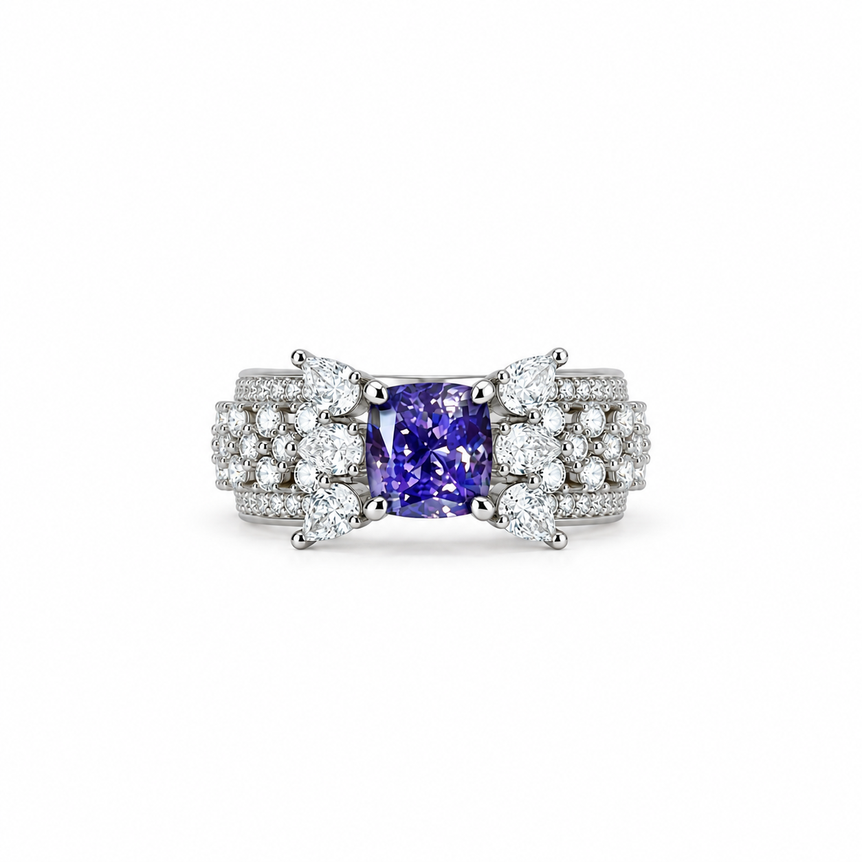 Purple Amethyst Cubic Zirconia Ice Cut American Diamond Silver Plated Adjustable Ring