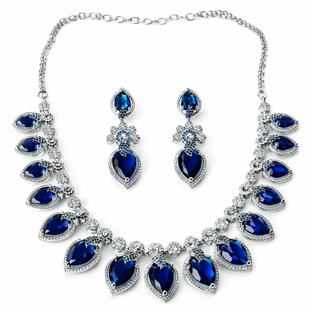 Blue Sapphire Cubic Zirconia American Diamond Silver Plated Necklace Set