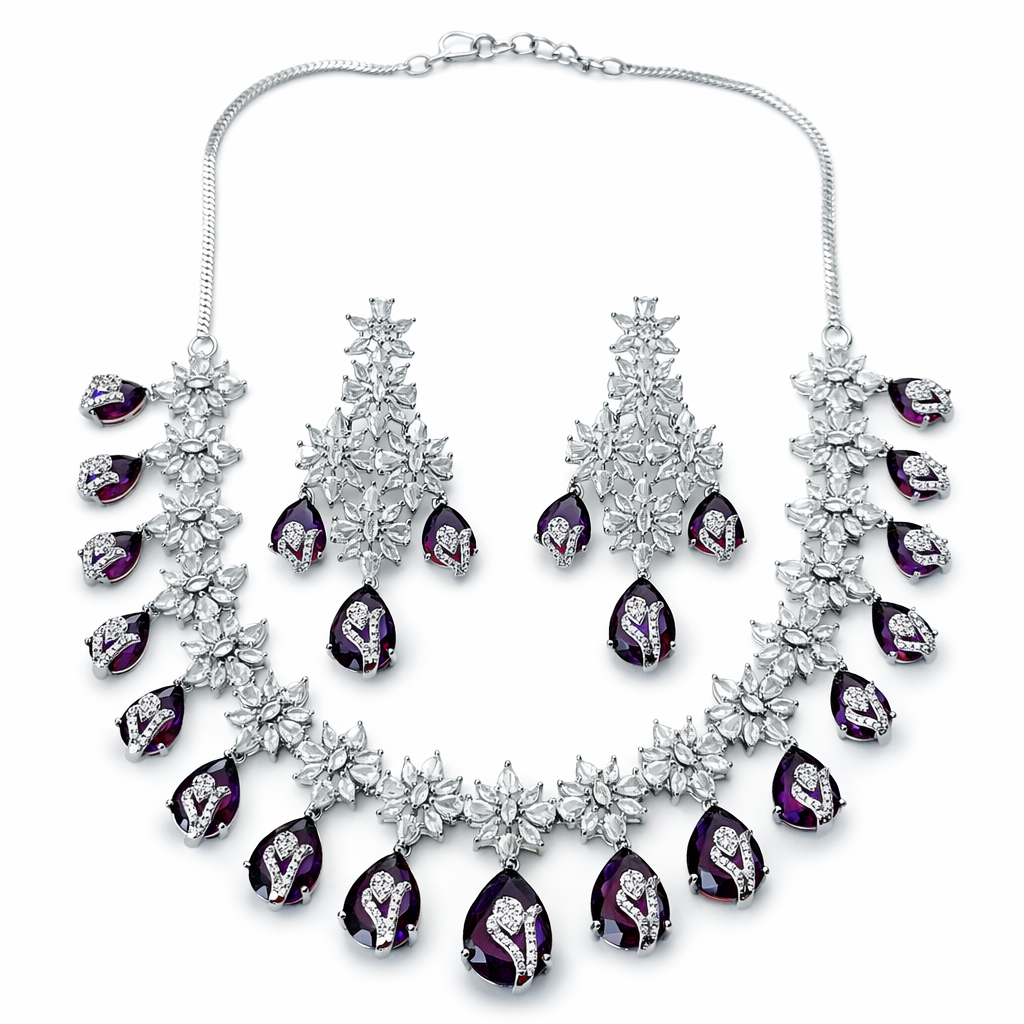Purple Amethyst Cubic Zirconia American Diamond Silver Plated Necklace Set