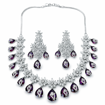 Purple Amethyst Cubic Zirconia American Diamond Silver Plated Necklace Set