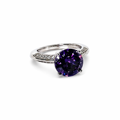 Purple Amethyst Cubic Zirconia Ice Cut American Diamond Silver Plated Adjustable Ring