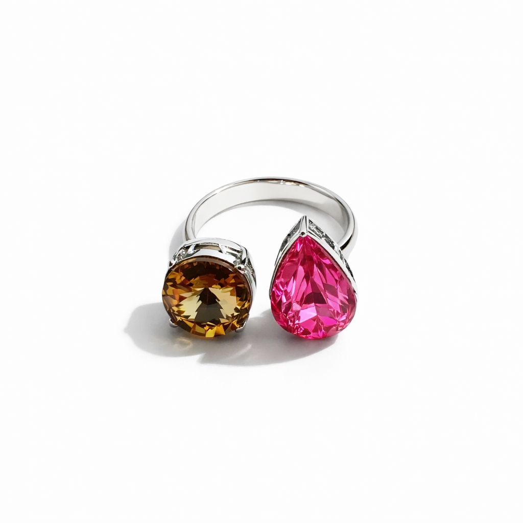 Light Colorado Topaz & Fuchsia Swarovski Crystals Silver Plated Adjustable Ring