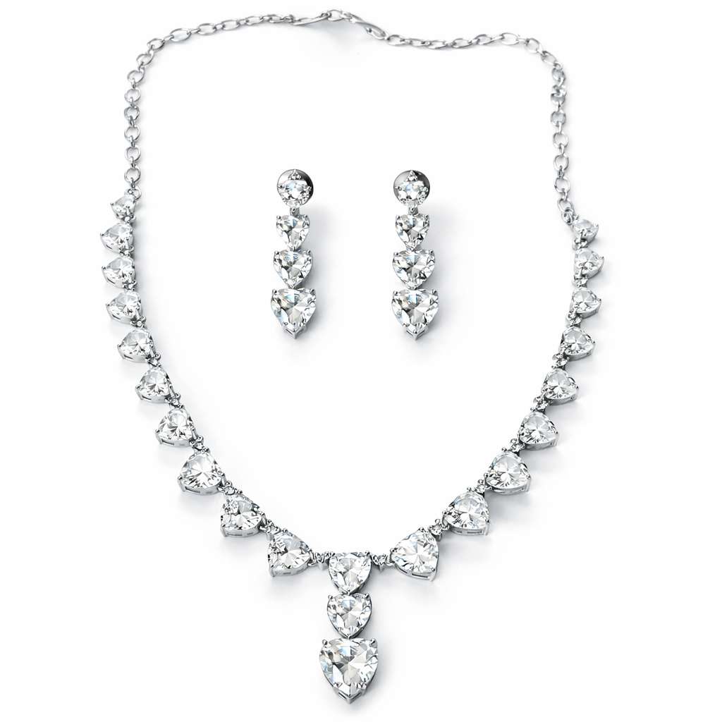 Solitaire Cubic Zirconia American Diamond Silver Plated Necklace Set