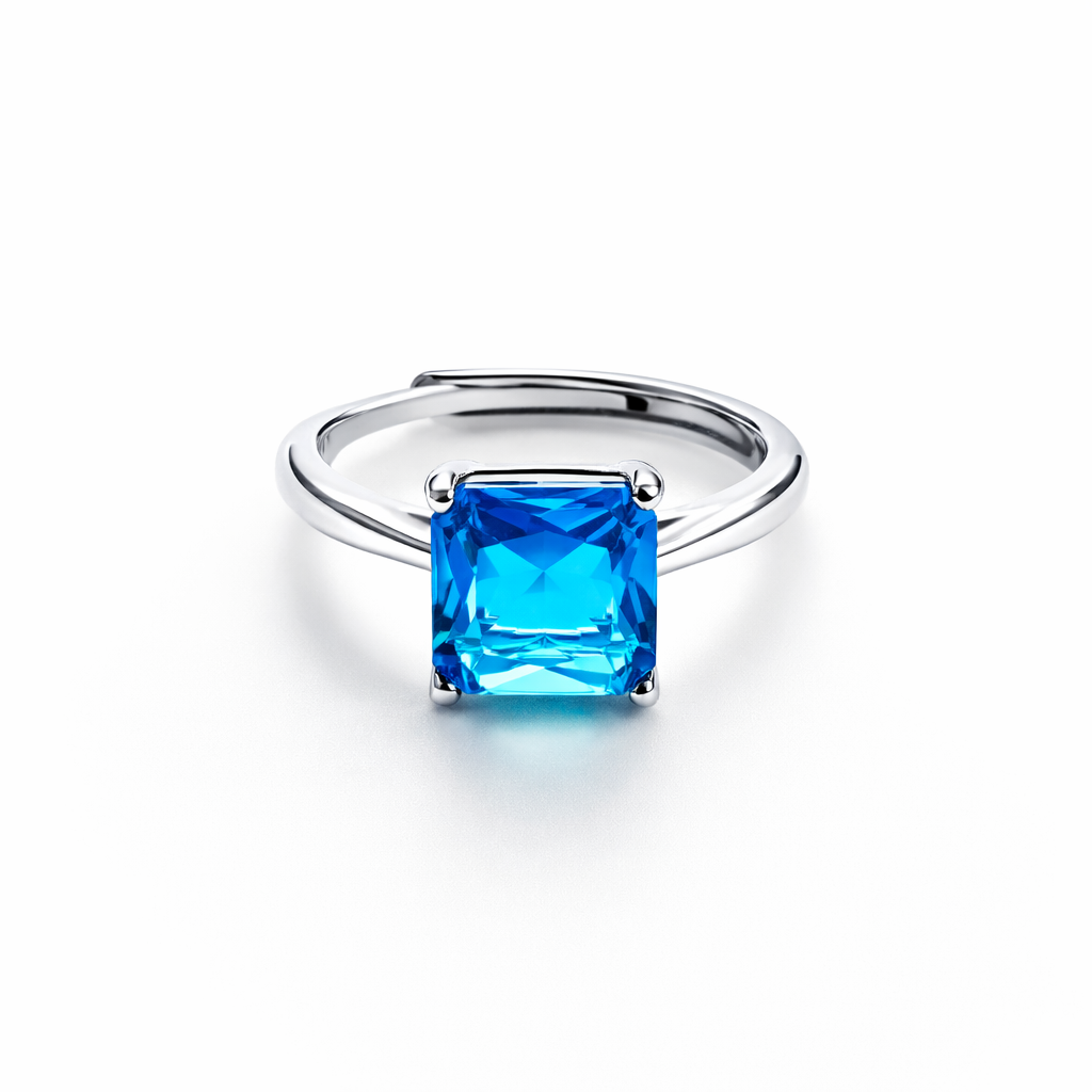 Aqua Blue Sapphire Cubic Zirconia Ice Cut American Diamond Silver Plated Adjustable Ring