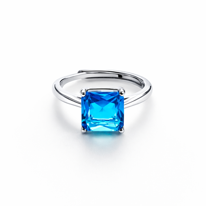 Aqua Blue Sapphire Cubic Zirconia Ice Cut American Diamond Silver Plated Adjustable Ring