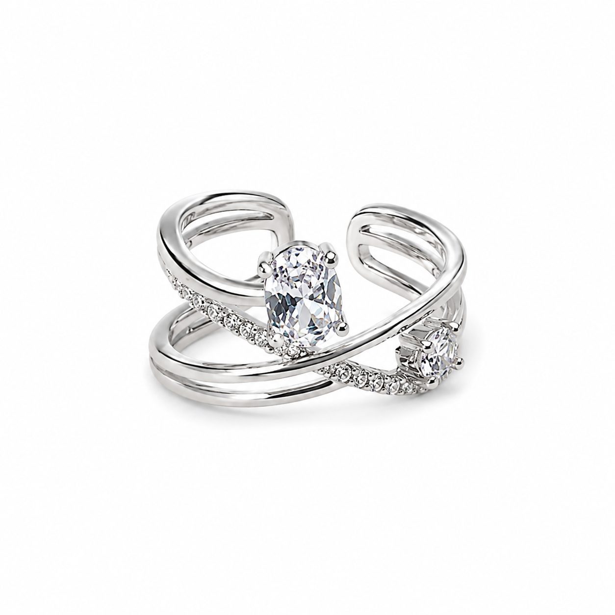 Solitaire Cubic Zirconia American Diamond Silver Plated Adjustable Ring