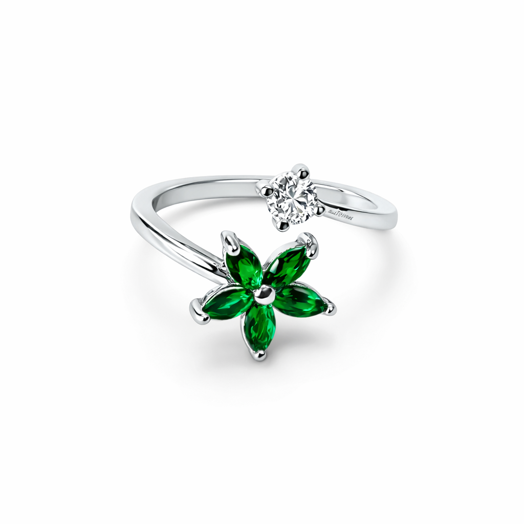 Green Emerald Cubic Zirconia American Diamond Silver Plated Adjustable Ring