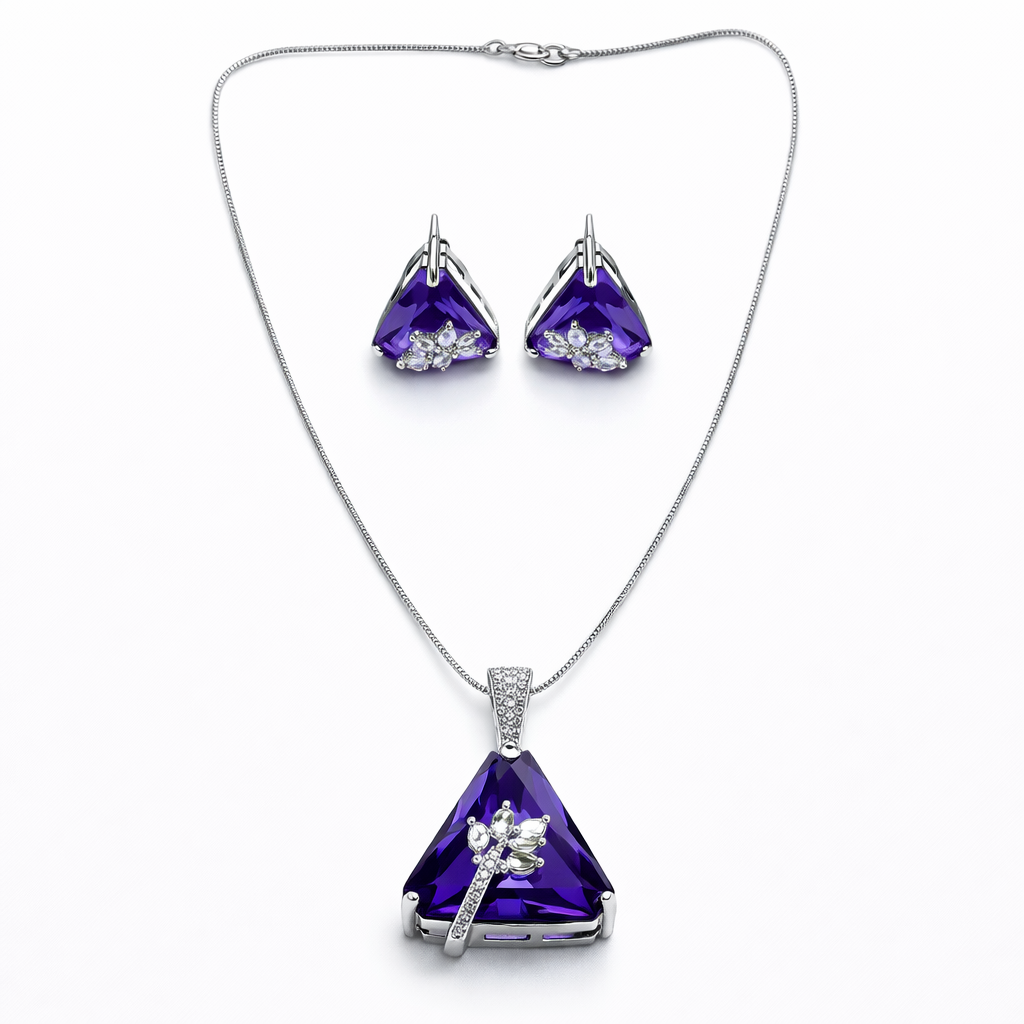 Purple Amethyst Cubic Zirconia American Diamond Silver Plated Pendant Set
