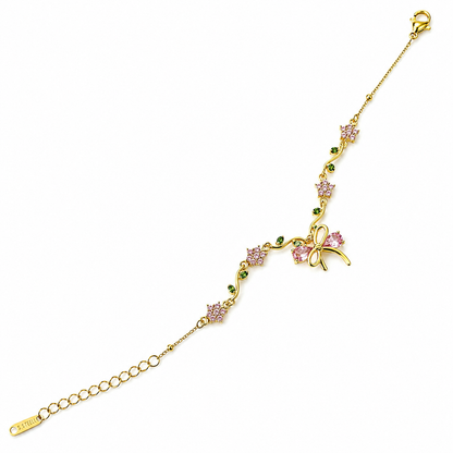 Green Emerald & Pink Topaz Cubic Zirconia Tulip Design American Diamond Gold Plated Stainless Steel Bracelet