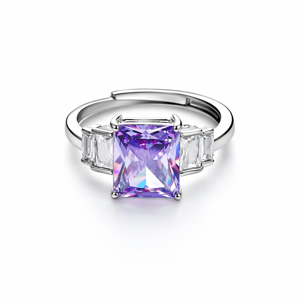 Light Purple Amethyst Cubic Zirconia Ice Cut American Diamond Silver Plated Adjustable Ring