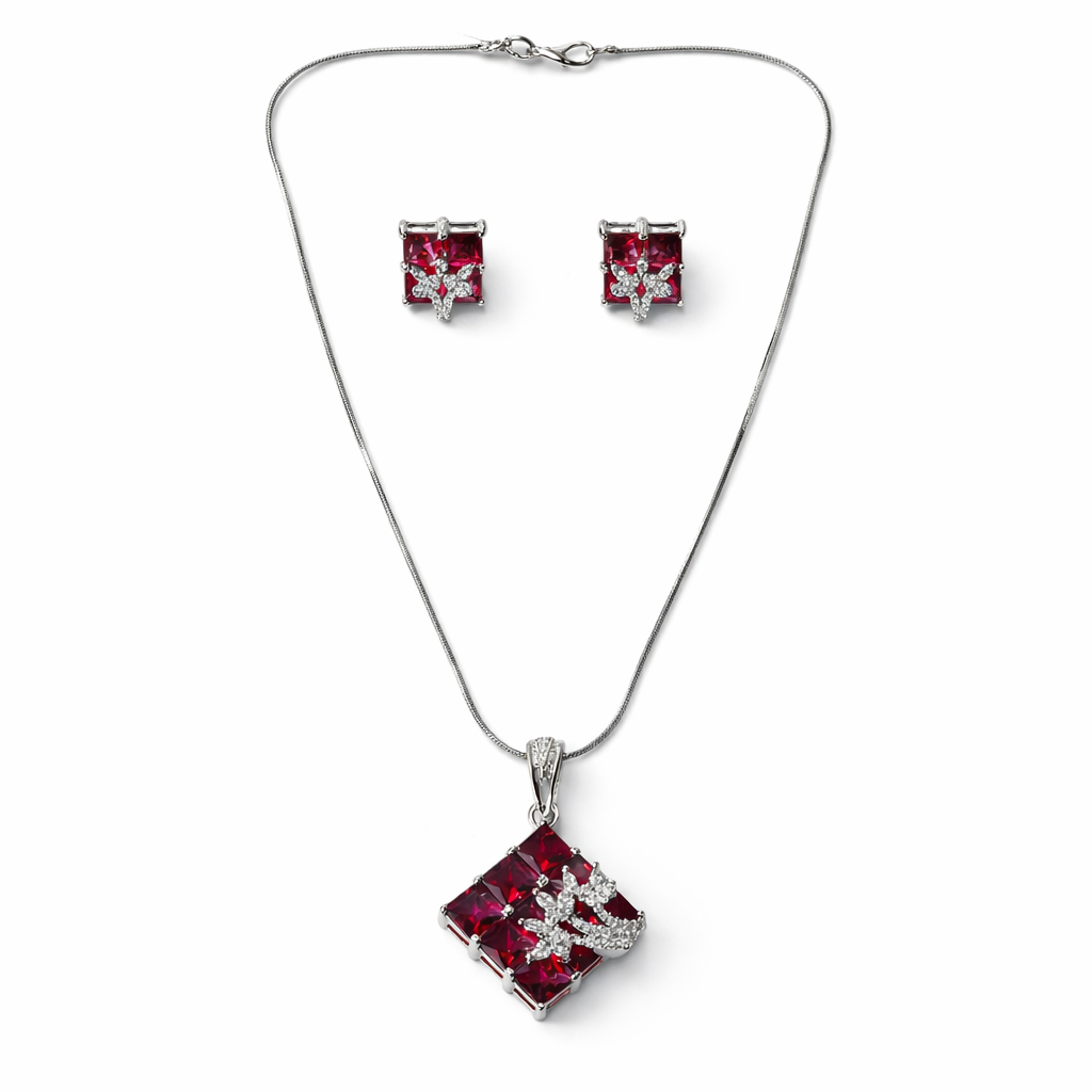 Red Ruby Cubic Zirconia American Diamond Silver Plated Pendant Set