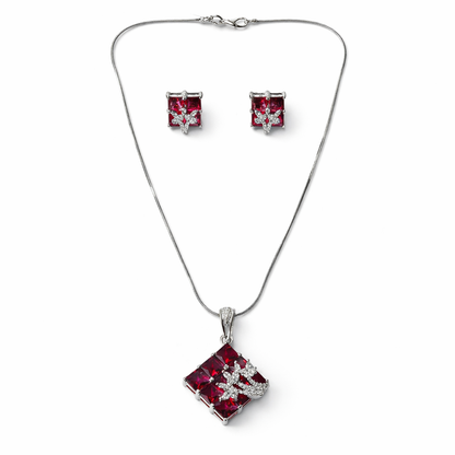 Red Ruby Cubic Zirconia American Diamond Silver Plated Pendant Set