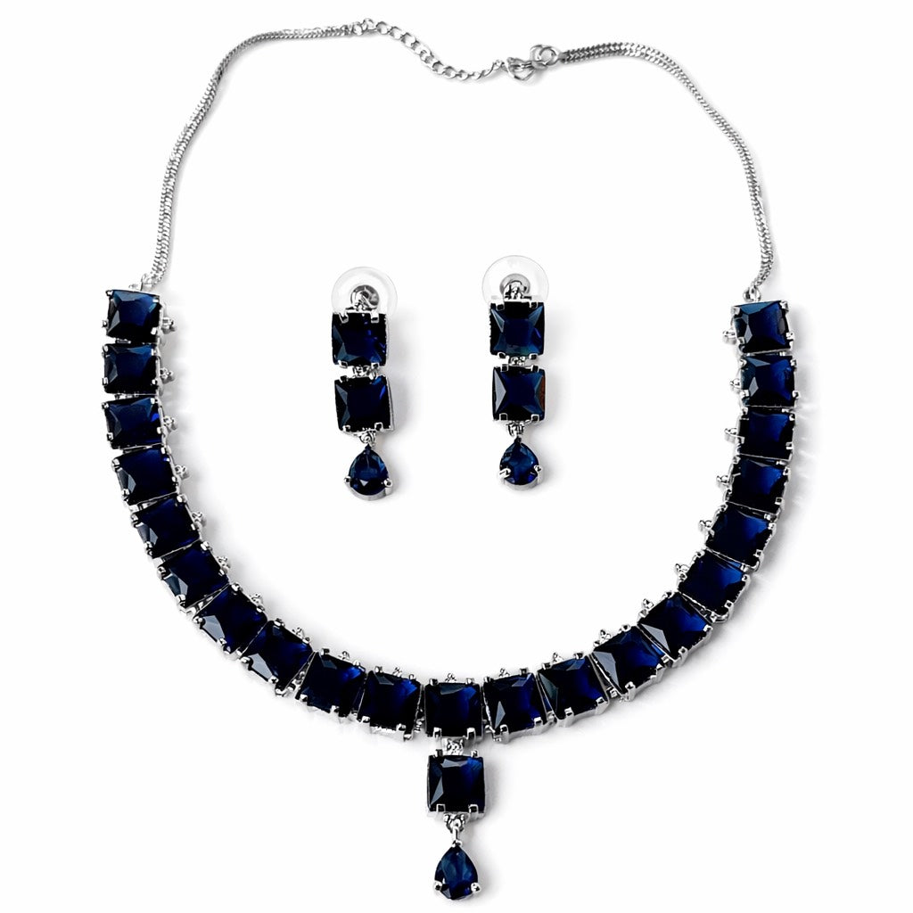 Blue Sapphire Cubic Zirconia American Diamond Silver Plated Necklace Set
