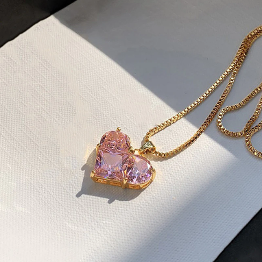 Pink Topaz Crystal Cubic Zircon Heart Design Gold Plated Stainless Steel Necklace