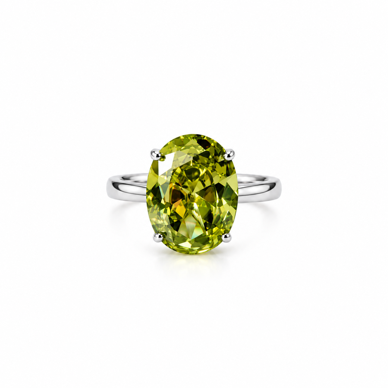 Olive Green Cubic Zirconia Ice Cut American Diamond Silver Plated Adjustable Ring
