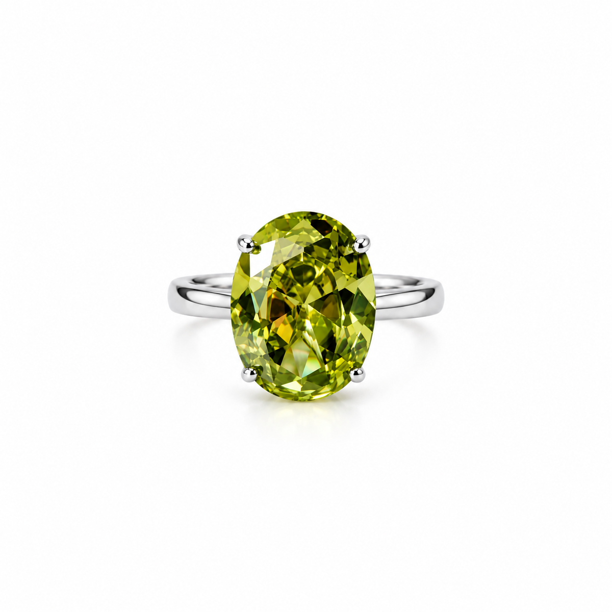 Olive Green Cubic Zirconia Ice Cut American Diamond Silver Plated Adjustable Ring