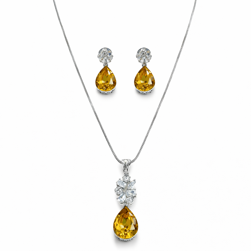 Light Yellow Topaz Swarovski Crystal American Diamond Silver Plated Pendant Set
