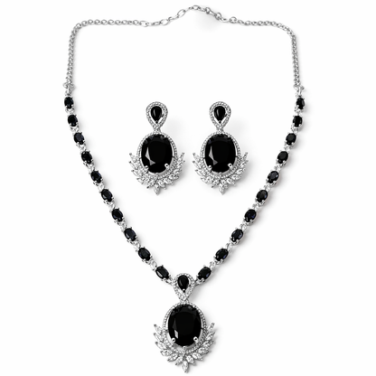 Black Cubic Zirconia American Diamond Silver Plated Necklace Set