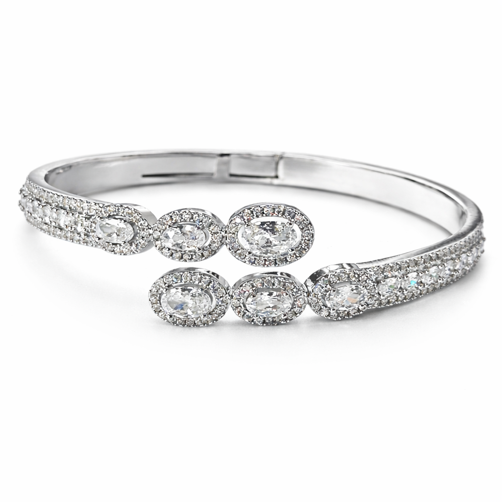 Solitaire Cubic Zirconia American Diamond Silver Plated Bangle Bracelet