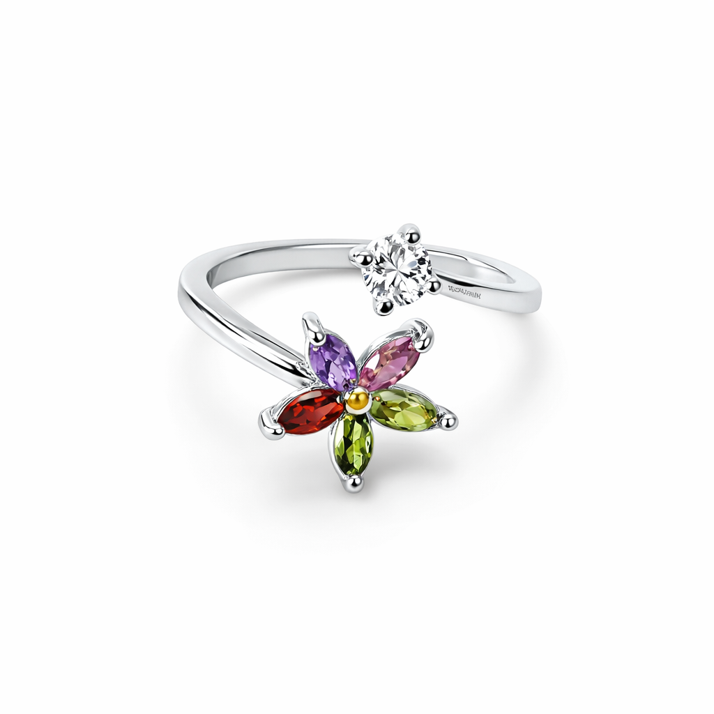 Multi-Color American Diamond Silver Plated Adjustable Ring