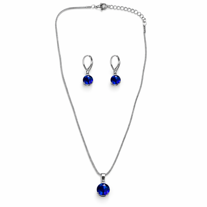 Blue Sapphire Cubic Zirconia American Diamond Silver Plated Pendant Set