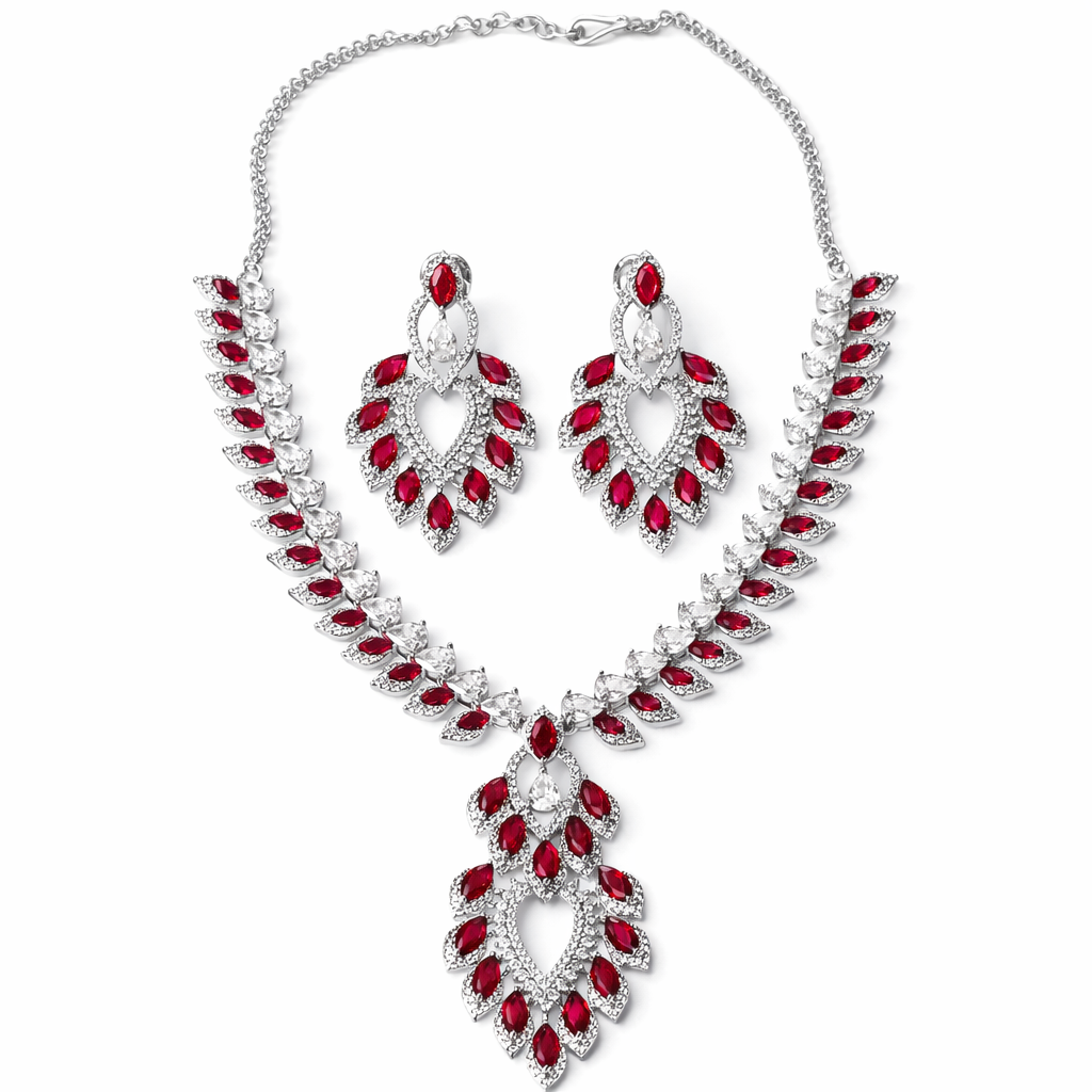 Red Ruby Cubic Zirconia American Diamond Silver Plated Necklace Set