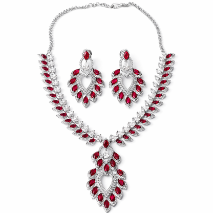 Red Ruby Cubic Zirconia American Diamond Silver Plated Necklace Set