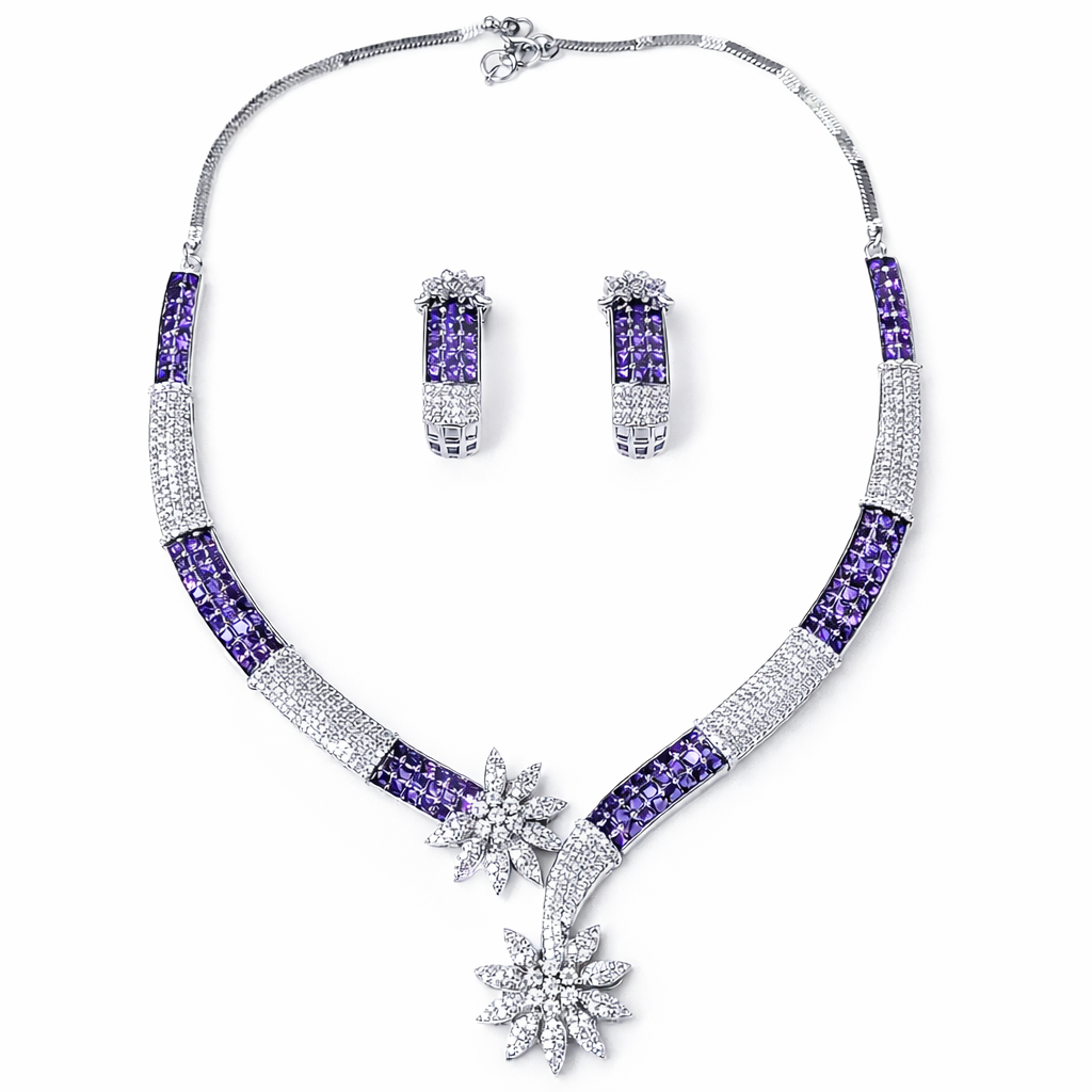 Light Purple Amethyst Cubic Zirconia Amethyst Cubic Zirconia American Diamond Silver Plated Necklace Set