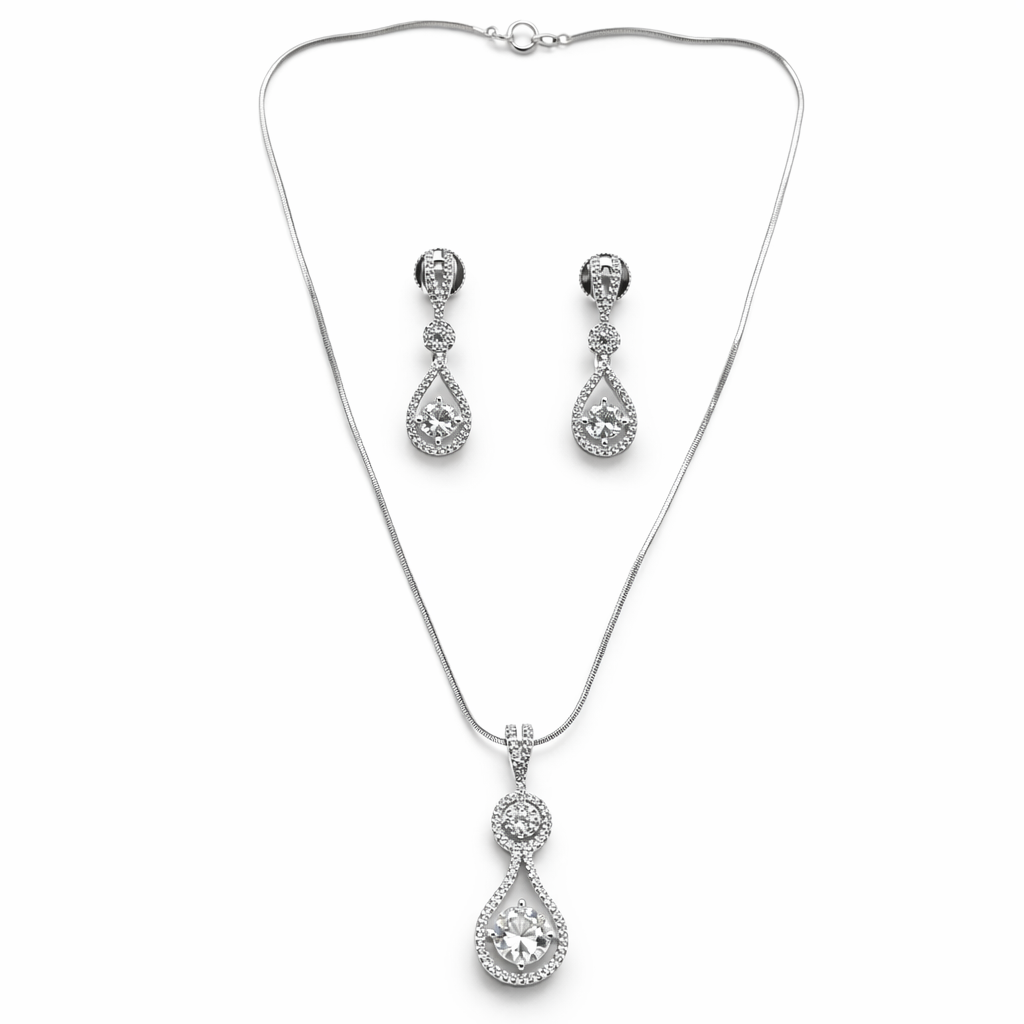 Solitaire Cubic Zirconia American Diamond Silver Plated Pendant Set