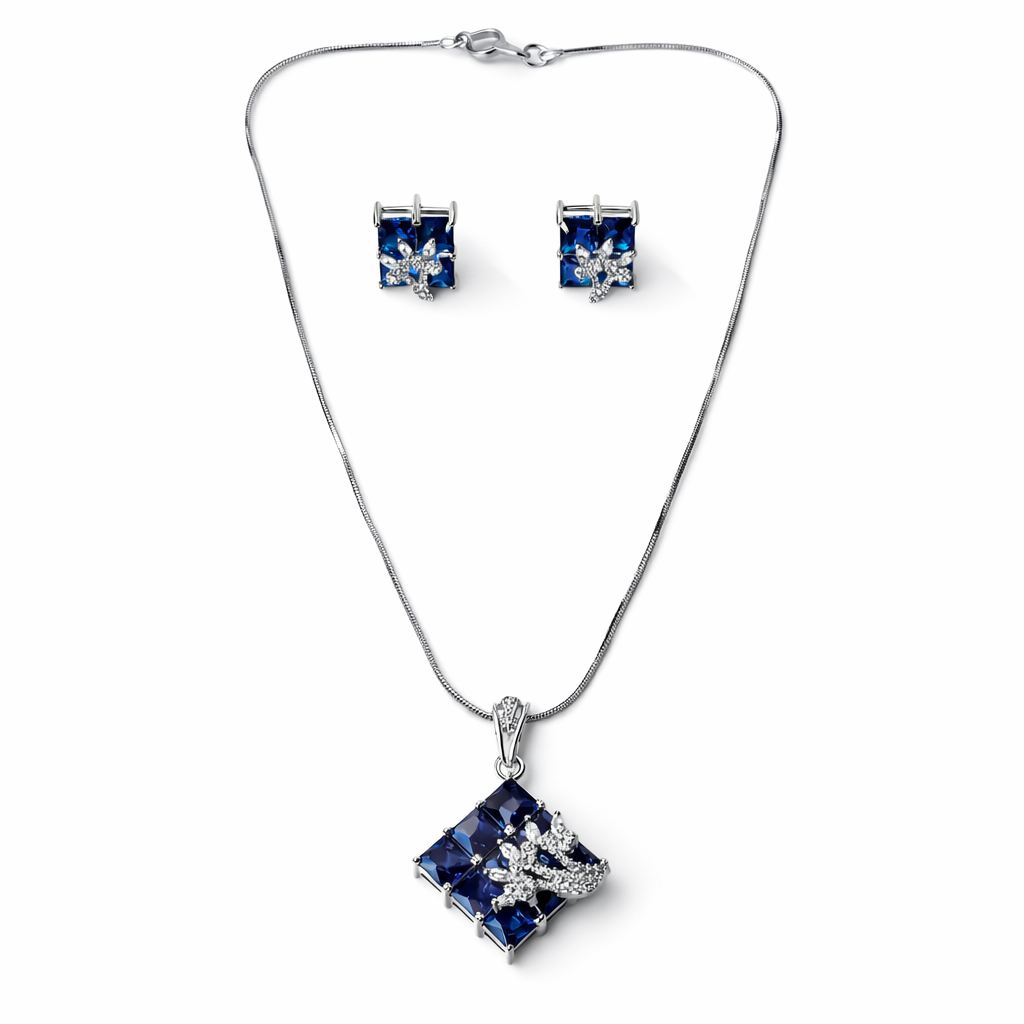 Blue Sapphire Cubic Zirconia American Diamond Silver Plated Pendant Set