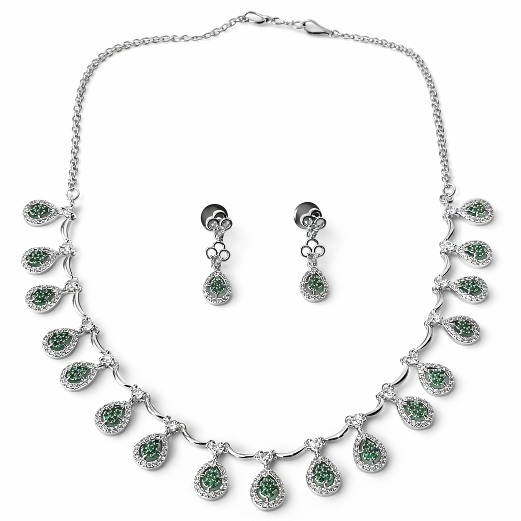 Green Emerald Cubic Zirconia American Diamond Silver Plated Necklace Set