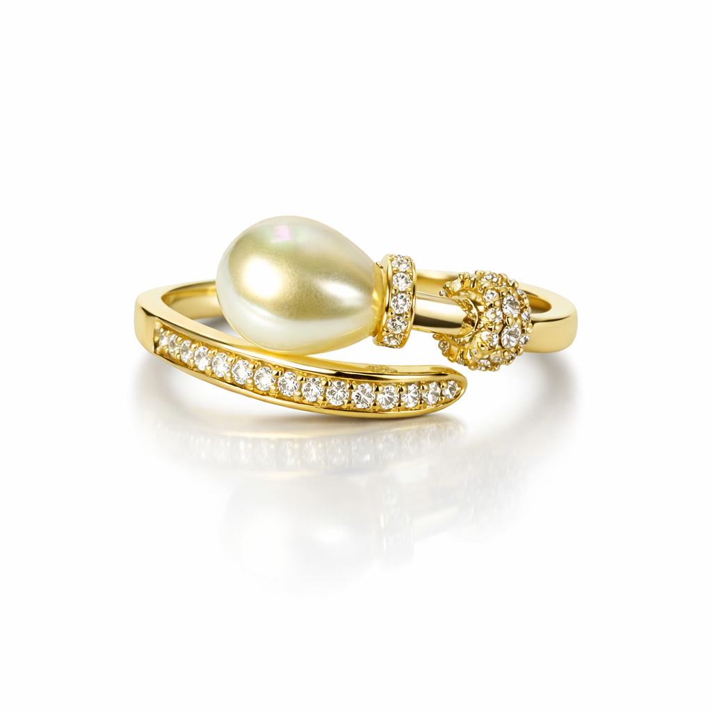 Solitaire Cubic Zirconia American Diamond Gold Plated Pearl Studded Adjustable Ring