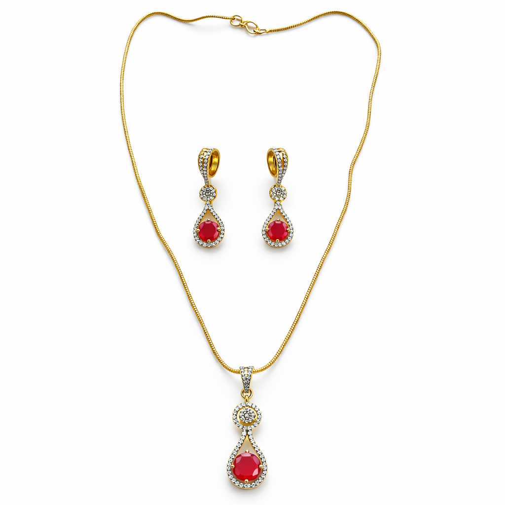 Red Ruby Cubic Zirconia American Diamond Gold Plated Pendant Set