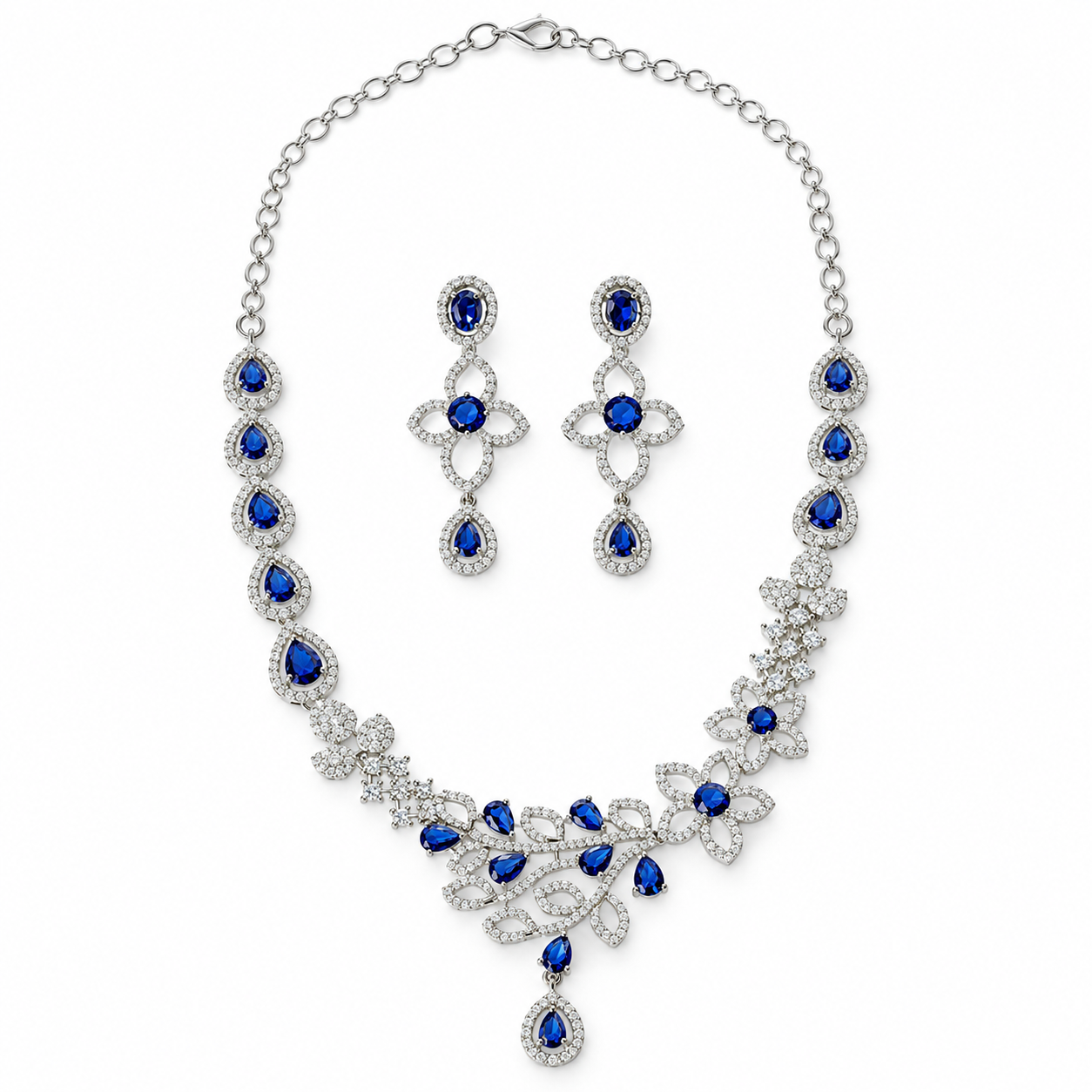 Blue Sapphire Cubic Zirconia American Diamond Silver Plated Necklace Set