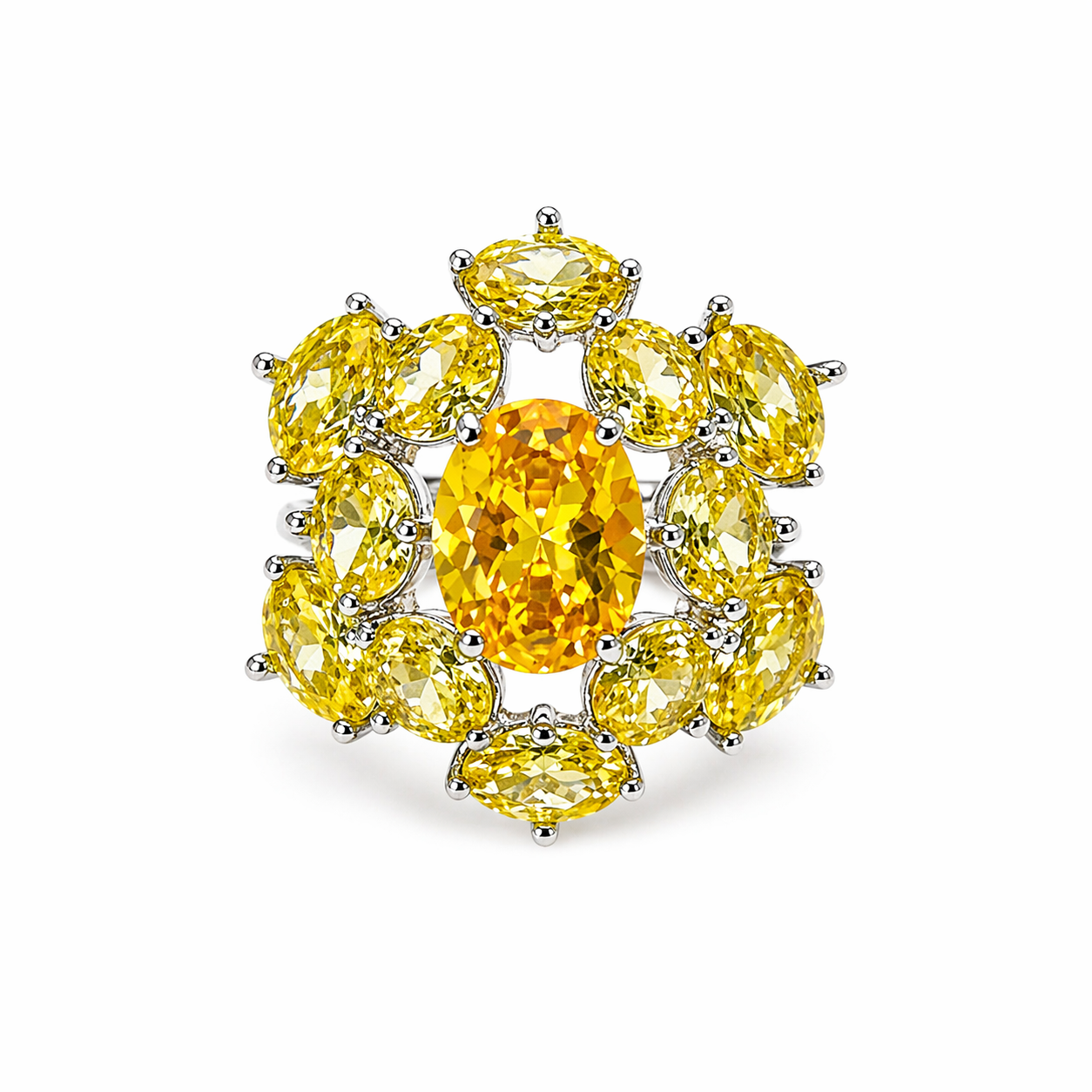Yellow Topaz Cubic Zirconia Ice Cut American Diamond Silver Plated Adjustable Ring