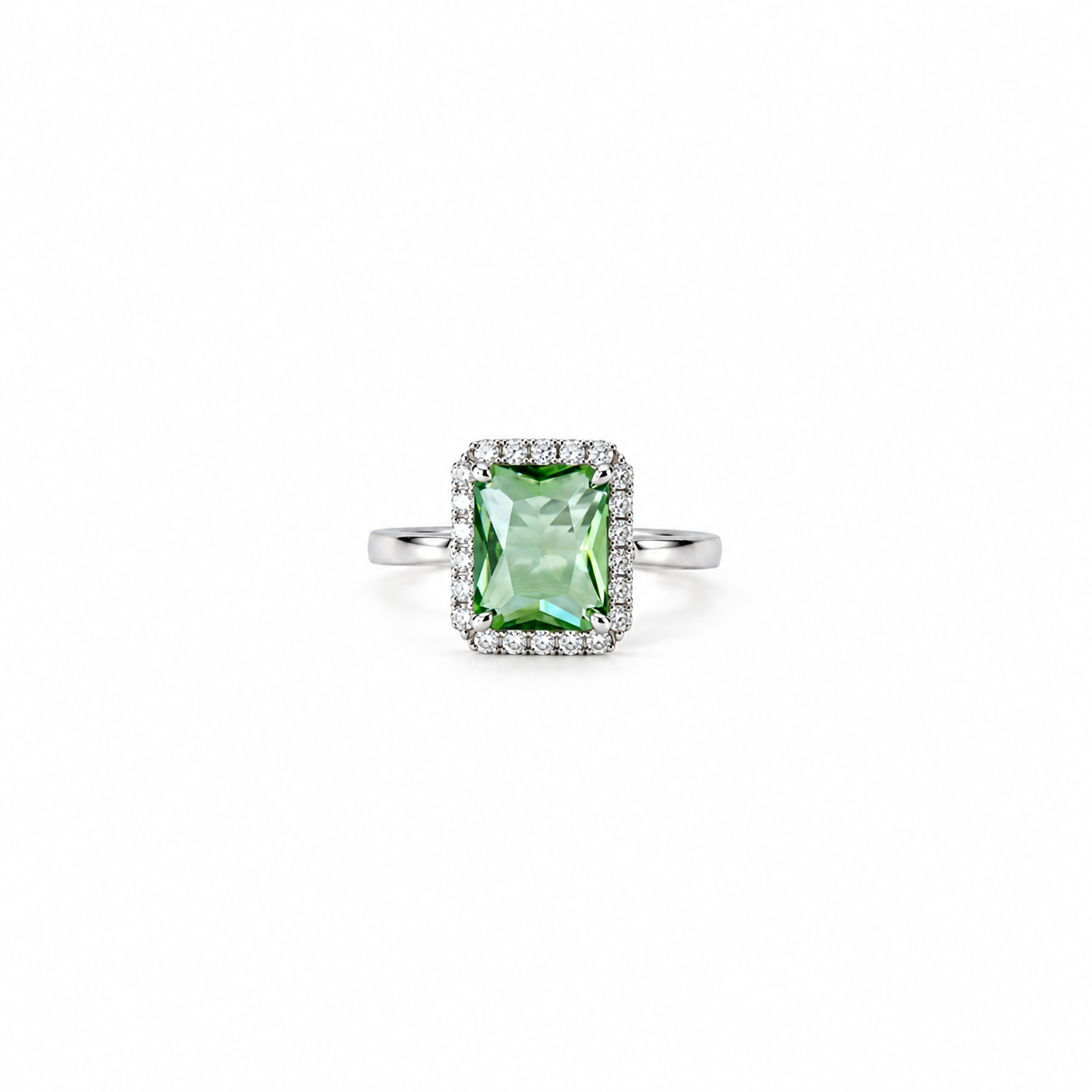 Olive Green Cubic Zirconia Ice Cut American Diamond Silver Plated Adjustable Ring