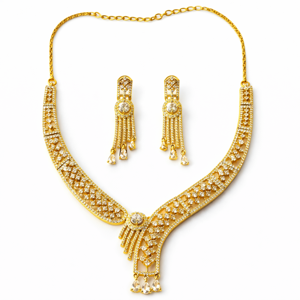 Solitaire Cubic Zirconia American Diamond Gold/Silver Plated Necklace Set