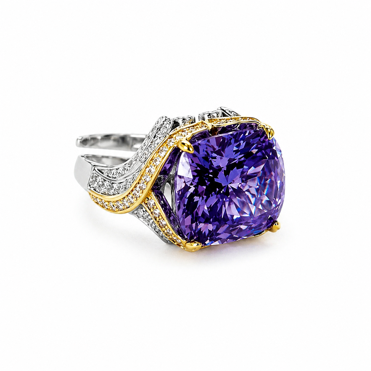 Purple Amethyst Cubic Zirconia Ice Cut American Diamond Gold/Silver Plated Adjustable Ring