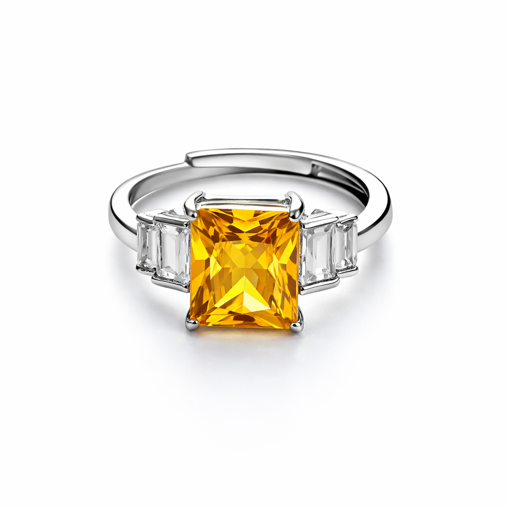 Yellow Topaz Cubic Zirconia Ice Cut American Diamond Silver Plated Adjustable Ring