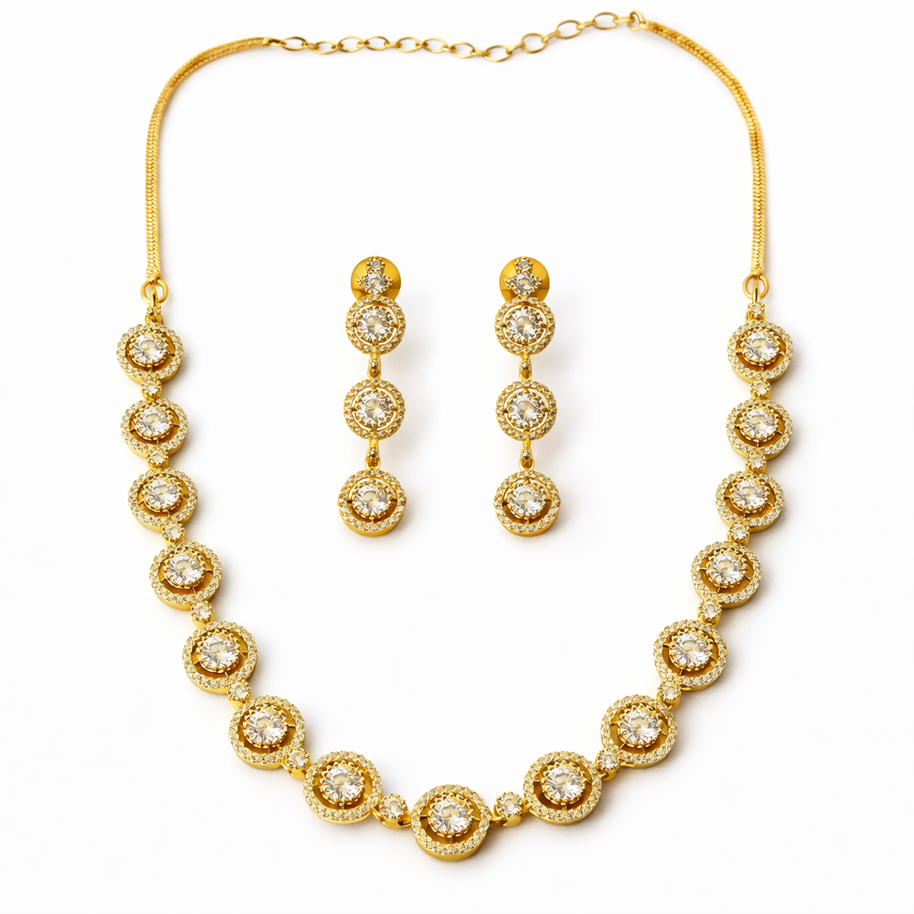 Solitaire Cubic Zirconia American Diamond Gold Plated Necklace Set
