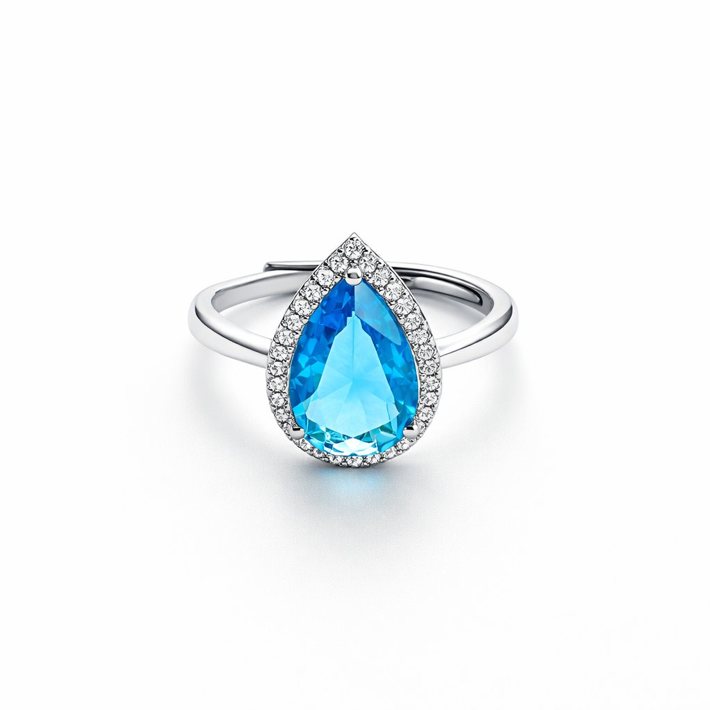 Aqua Blue Sapphire Cubic Zirconia Ice Cut American Diamond Silver Plated Adjustable Ring