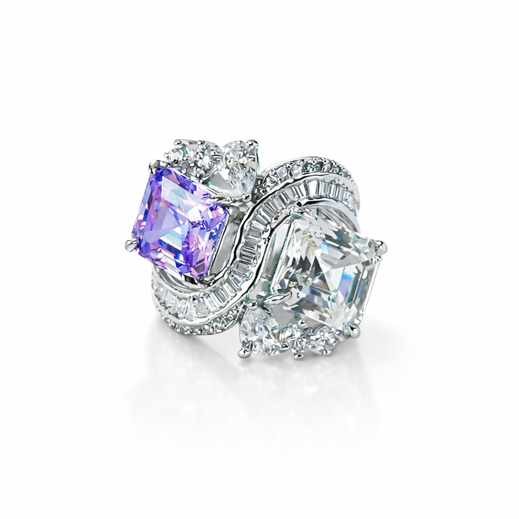 Light Purple Amethyst & Solitaire Cubic Zirconia Ice Cut American Diamond Silver Plated Adjustable RIng