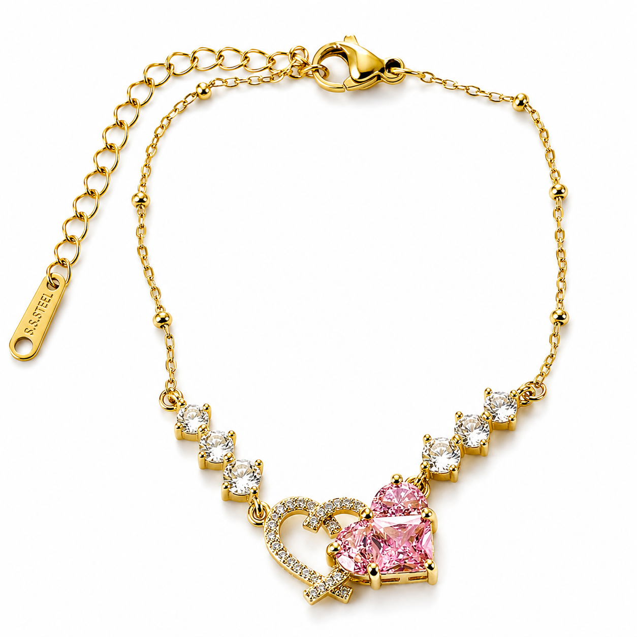 Pink Topaz Cubic Zirconia Heart Design American Diamond Gold Plated Stainless Steel Bracelet