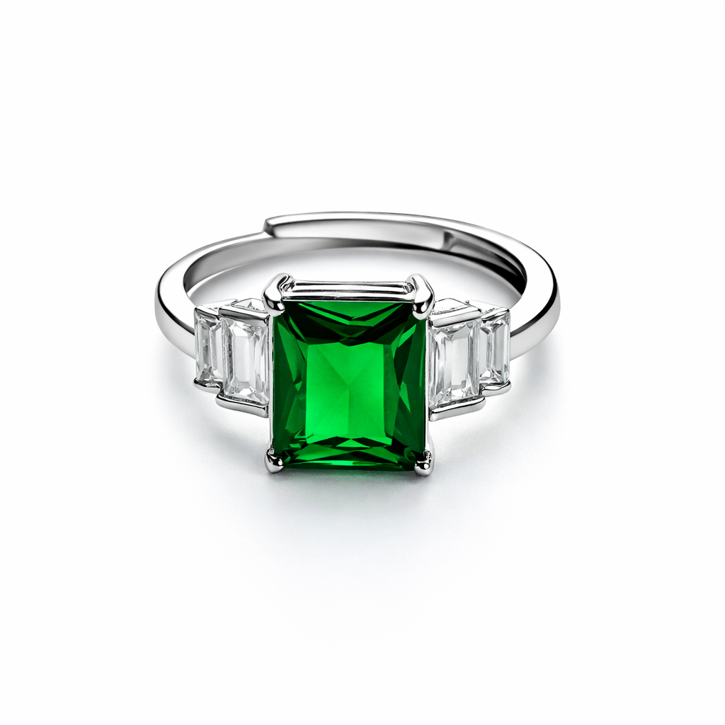 Green Emerald Cubic Zirconia Ice Cut American Diamond Silver Plated Adjustable Ring