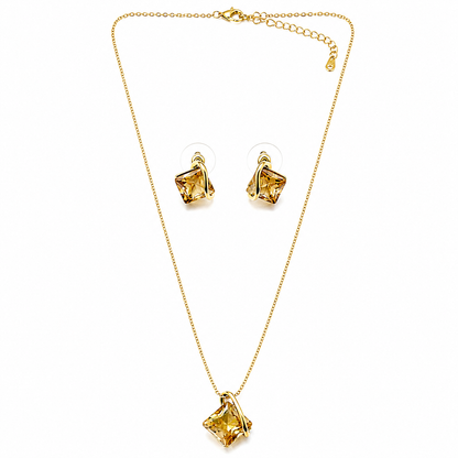 Yellow Smoked Topaz Cubic Zirconia American Diamond Gold Plated Pendant Set