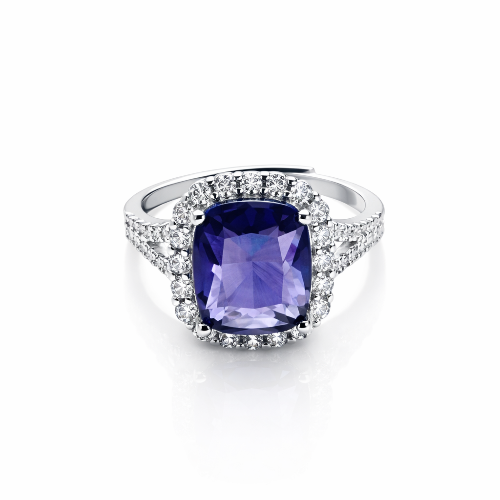 Purple Amethyst Cubic Zirconia Ice Cut American Diamond Silver Plated Adjustable Ring