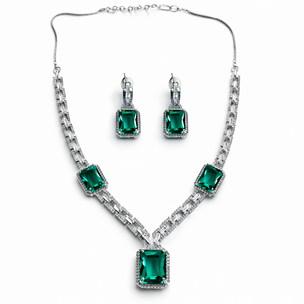 Sea Green Topaz Cubic Zirconia American Diamond Silver Plated Necklace Set