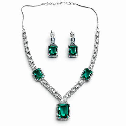 Sea Green Topaz Cubic Zirconia American Diamond Silver Plated Necklace Set